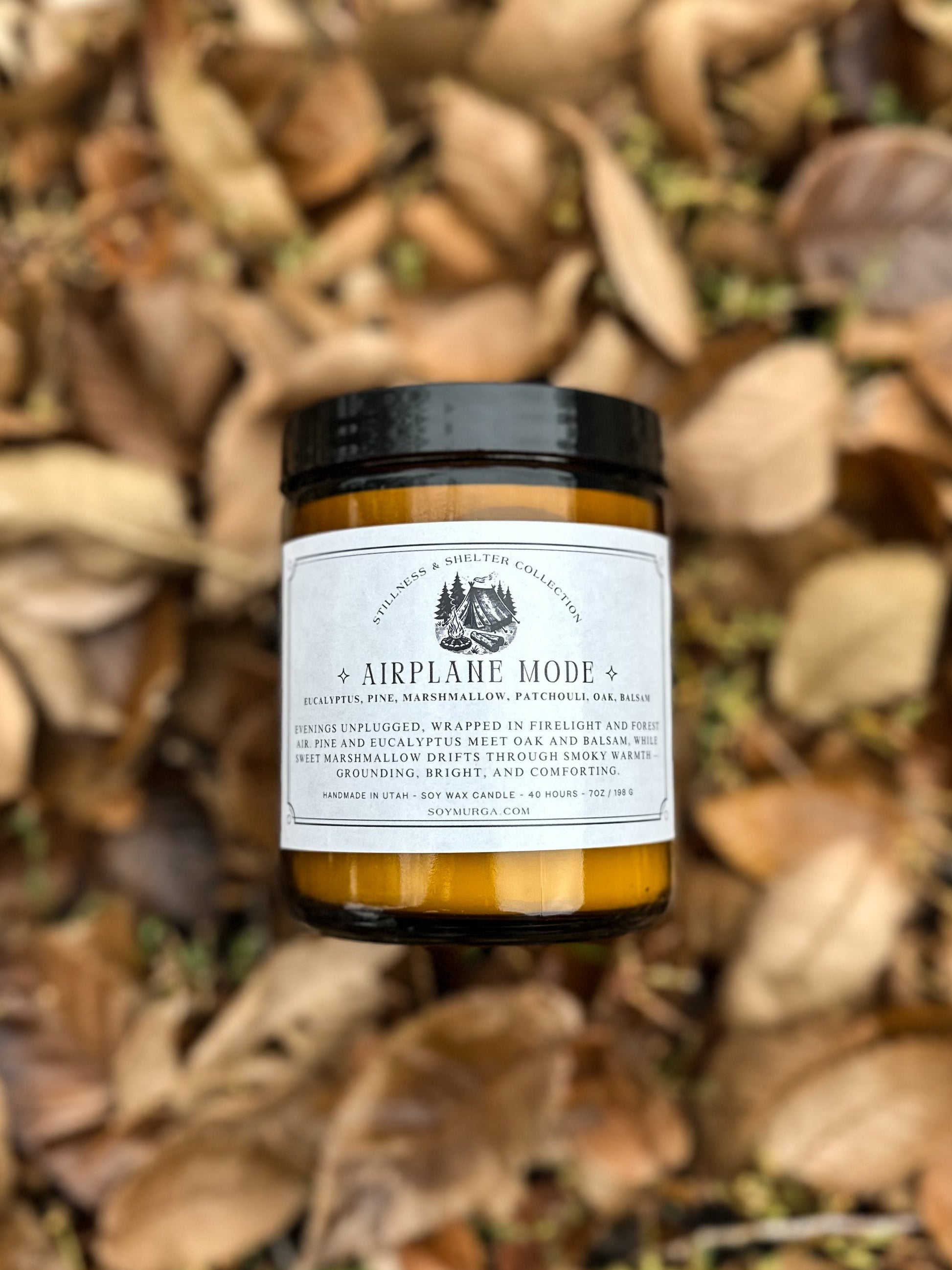 Jar of 'Airplane Mode' candle on a bed of dried leaves