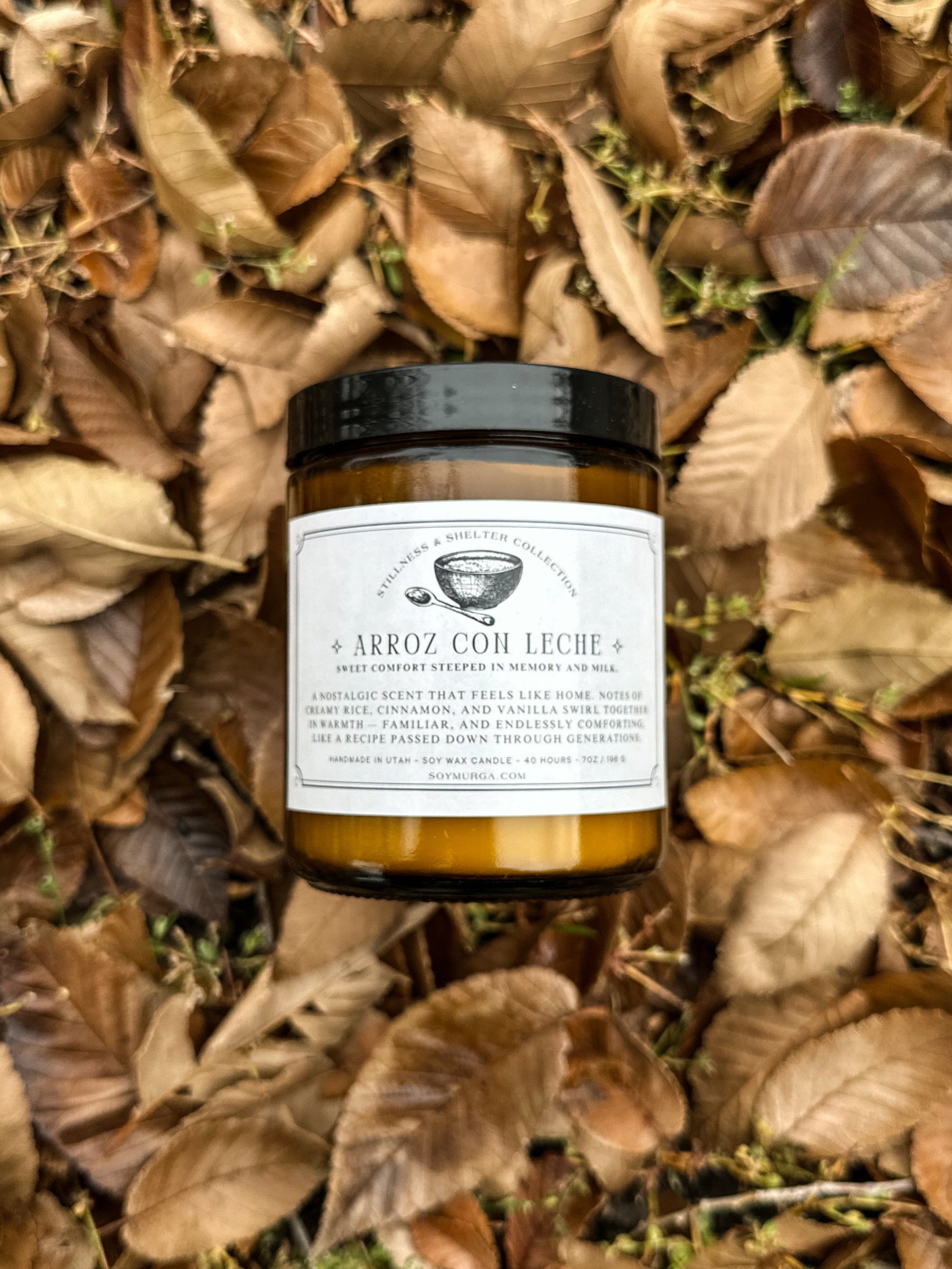 Jar of 'Arroz Con Leche' on a bed of dried leaves